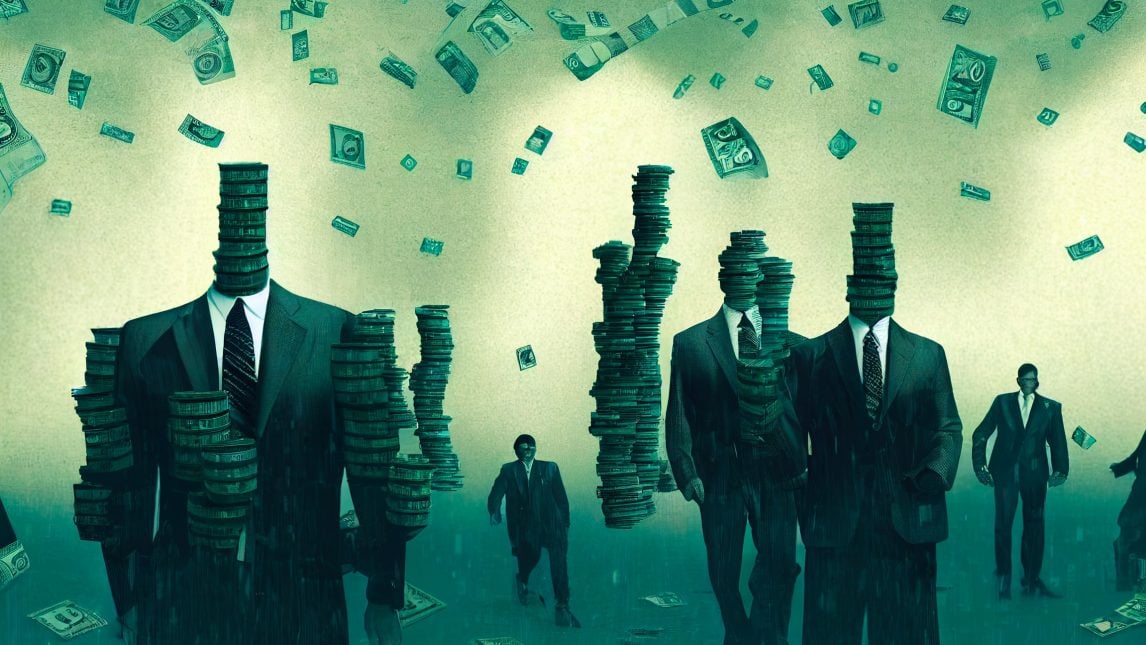 Biggest video game companies: video game business executives in suits surrounded by money and wealth.
