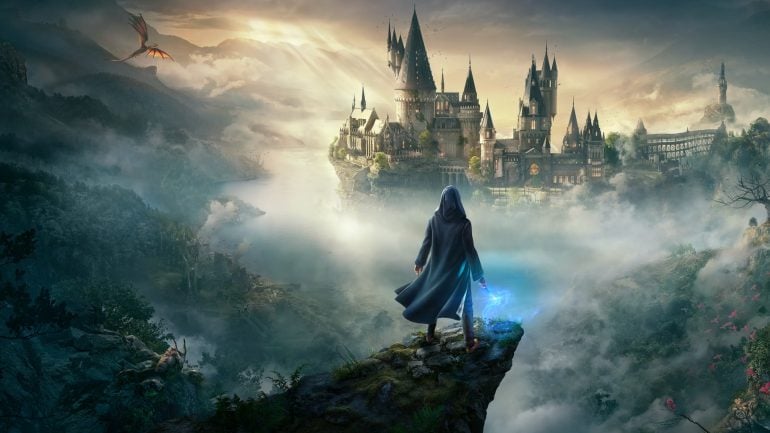 Hogwarts Legacy statistics: Wizard holding his wand and looking at the castle