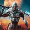 Warframe promo codes: An armored warrior wields a glowing blue-bladed polearm in a fiery, alien landscape with twisted trees and looming creatures, under the soft glow of a large moon or planet.