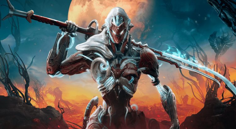 Warframe promo codes: An armored warrior wields a glowing blue-bladed polearm in a fiery, alien landscape with twisted trees and looming creatures, under the soft glow of a large moon or planet.