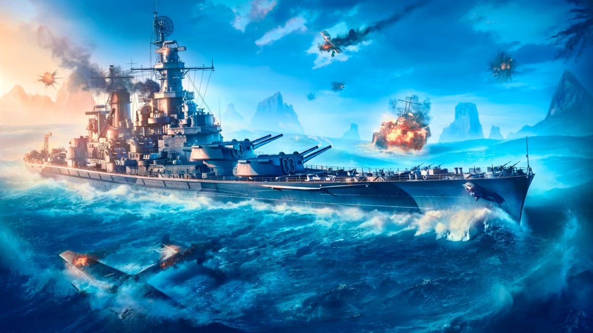 World of Warships codes: A warship battling with airplanes.